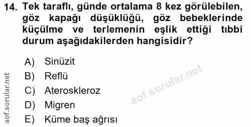 14. soru: Tek taraflı, günde ortalama 8 kez görülebilen, göz kapağı düşüklüğü, göz bebeklerinde küçülme ve terlemenin eşlik ett…