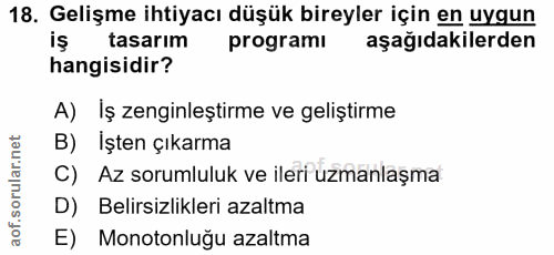 18. soru: Gelişme ihtiyacı düşük bireyler için en uygun iş tasarım programi aşağıdakilerden hangisidir? A) İş zenginleştirme ve…