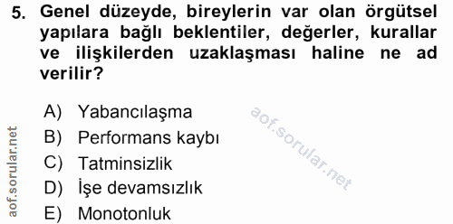 5. soru: Genel düzeyde, bireylerin var olan örgütsel yapılara bağlı beklentiler, değerler, kurallar ve ilişkilerden uzaklaşmas…