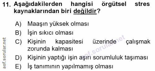 11. soru: Aşağıdakilerden hangisi örgütsel stres kaynaklarından biri değildir? A) Maaşın yüksek olması B) İşin sıkıcı olması C)…