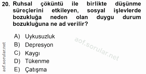 20. soru: Ruhsal çöküntü ile birlikte düşünme süreçlerini etkileyen, sosyal işlevlerde bozukluğa neden olan duygu durum bozuklu…