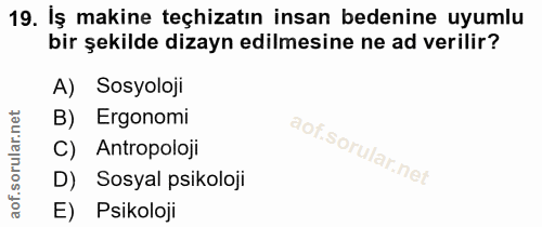 19. soru: İş makine teçhizatın insan bedenine uyumlu bir şekilde dizayn edilmesine ne ad verilir? A) Sosyoloji B) Ergonomi C) A…