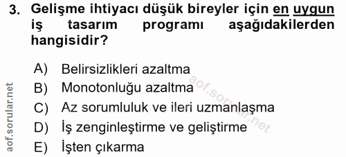 3. soru: Gelişme ihtiyacı düşük bireyler için en uygun iş tasarım programi aşağıdakilerden hangisidir? A) Belirsizlikleri azal…