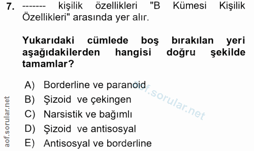 7. soru: kişilik özellikleri "B Kümesi Kişilik Özellikleri" arasında yer alır. Yukarıdaki cümlede boş bırakılan yeri aşağıdaki…