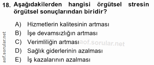 18. soru: Aşağıdakilerden hangisi örgütsel stresin örgütsel sonuçlarından biridir? A) Hizmetlerin kalitesinin artması B) İşe de…