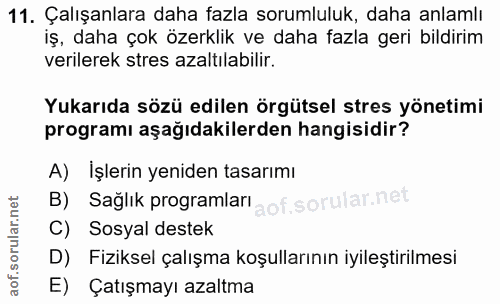11. soru: Çalışanlara daha fazla sorumluluk, daha anlamlı iş, daha çok özerklik ve daha fazla geri bildirim verilerek stres aza…