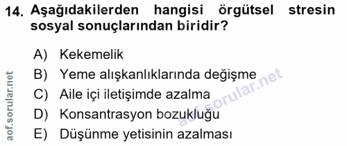 14. soru: Aşağıdakilerden hangisi örgütsel stresin sosyal sonuçlarından biridir? A) Kekemelik B) Yeme alışkanlıklarında değişme…
