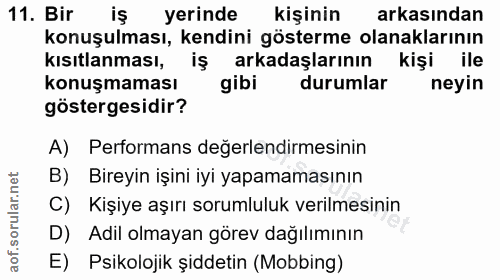 11. soru: Bir yerinde kişinin arkasından konuşulması, kendini gösterme olanaklarının kısıtlanması, iş arkadaşlarının kişi ile k…