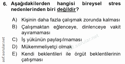 6. soru: Aşağıdakilerden hangisi bireysel stres nedenlerinden biri değildir? A) Kişinin daha fazla çalışmak zorunda kalması B)…
