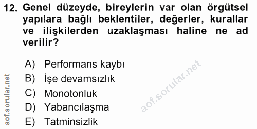 12. soru: Genel düzeyde, bireylerin var olan örgütsel yapılara bağlı beklentiler, değerler, kurallar ve ilişkilerden uzaklaşmas…