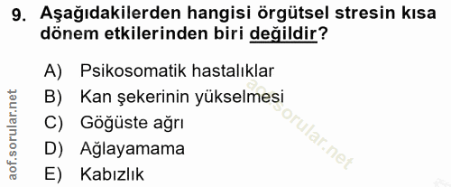 9. soru: Aşağıdakilerden hangisi örgütsel stresin kısa dönem etkilerinden biri değildir? A) Psikosomatik hastalıklar B) Kan şe…