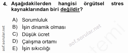 4. soru: Aşağıdakilerden hangisi örgütsel stres kaynaklarından biri değildir? A) Sorumluluk B) İşin dinamik olması C) Düşük üc…