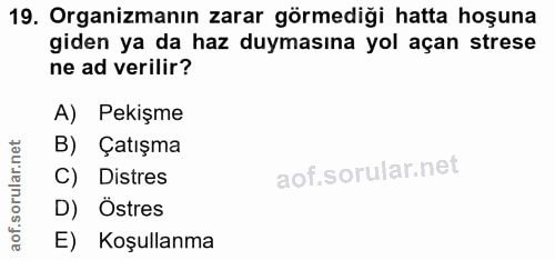 19. soru: Organizmanın zarar görmediği hatta hoşuna giden ya da haz duymasına yol açan strese ne ad verilir? A) Pekişme B) Çatı…
