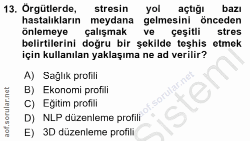 13. soru: Örgütlerde, stresin yol açtığı bazı hastalıkların meydana gelmesini önceden Onlemeye çalışmak ve çeşitli stres belirt…