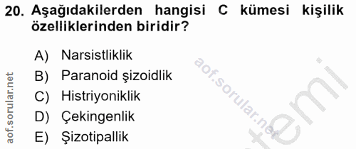 20. soru: Aşağıdakilerden hangisi C kümesi kişilik özelliklerinden biridir? A)Narsistliklik B) Paranoid şizoidlik C) Histriyoni…