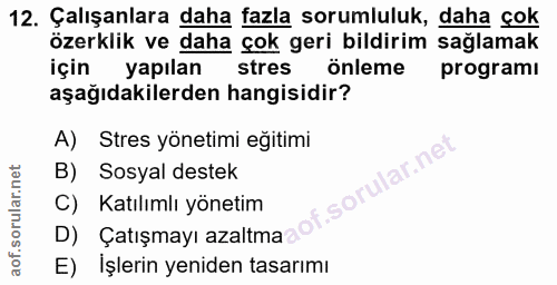 12. soru: Çalışanlara daha fazla sorumluluk, daha çok özerklik ve daha çok geri bildirim sağlamak için yapılan stres önleme s p…