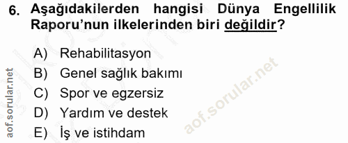 6. soru: Aşağıdakilerden hangisi Dünya Engellilik Raporu'nun ilkelerinden biri değildir? A) Rehabilitasyon B) Genel sağlık bak…
