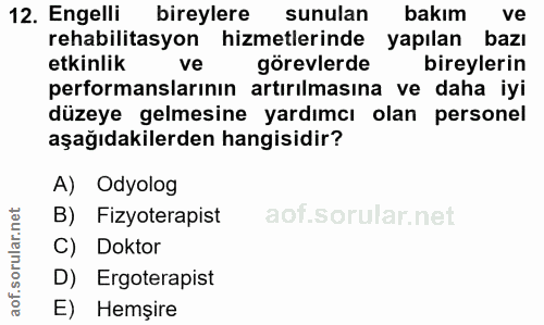 12. soru: Engelli bireylere sunulan bakım ve rehabilitasyon hizmetlerinde yapılan bazı etkinlik ve görevlerde bireylerin perfor…