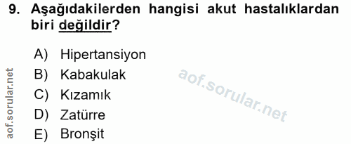 9. soru: Aşağıdakilerden hangisi akut hastalıklardan biri değildir? A) Hipertansiyon B) Kabakulak C) Kızamık D) Zatürre E) Bro…