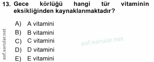 13. soru: Gece körlüğü hangi tür vitaminin eksikliğinden kaynaklanmaktadır? A) A vitamini B vitamini C) C vitamini D) D vitamin…