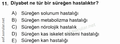 11. soru: Diyabet ne tür bir süreğen hastalıktır? A) Süreğen solunum hastalığı B) Süreğen metabolizma hastalığı C) Süreğen nöro…