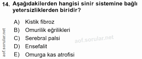 14. soru: Aşağıdakilerden hangisi sinir sistemine bağlı yetersizliklerden biridir? A) Kistik fibroz B) Omurilik eğrilikleri C)…