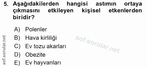 5. soru: Aşağıdakilerden hangisi astımın ortaya çıkmasını etkileyen kişisel etkenlerden biridir? A) Polenler B) Hava kirliliği…