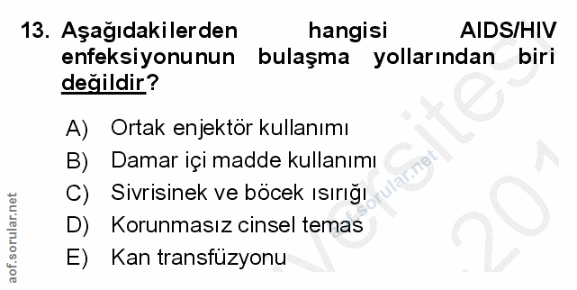 13. soru: Aşağıdakilerden hangisi AIDS/HIV enfeksiyonunun bulaşma yollarından biri değildir? A) Ortak enjektör kullanımı B)E Da…