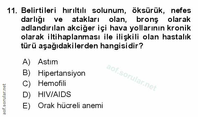 11. soru: Belirtileri hırıltılı solunum, öksürük, nefes darlığı ve atakları olan, brons olarak adlandırılan akciğer içi hava yo…