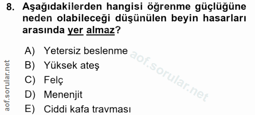 8. soru: Aşağıdakilerden hangisi öğrenme güçlüğüne neden olabileceği düşünülen beyin hasarları arasında yer almaz? A) Yetersiz…