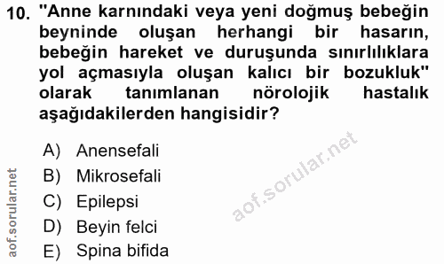10. soru: "Anne karnındaki veya yeni doğmuş bebeğin beyninde oluşan herhangi bir hasarın, bebeğin hareket ve duruşunda sınırlıl…