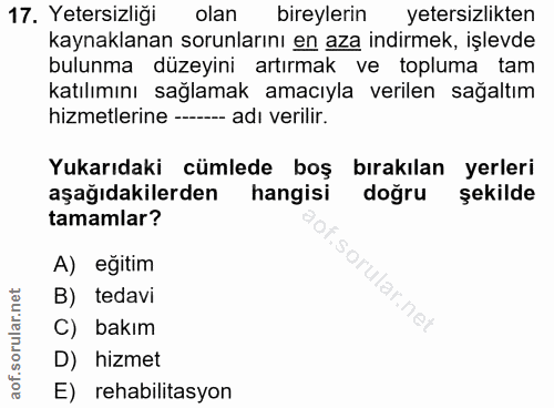 17. soru: Yetersizliği olan bireylerin yetersizlikten kaynaklanan sorunlarını en aza indirmek, işlevde bulunma düzeyini artırma…