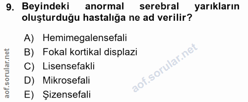 9. soru: Beyindeki anormal serebral yarıkların oluşturduğu hastalığa ne ad verilir? A) Hemimegalensefali B) Fokal kortikal dis…