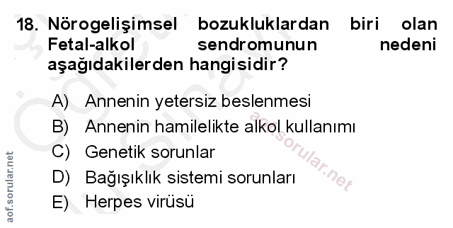 18. soru: Nörogelişimsel bozukluklardan biri olan Fetal-alkol sendromunun nedeni aşağıdakilerden hangisidir? A) Annenin yetersi…