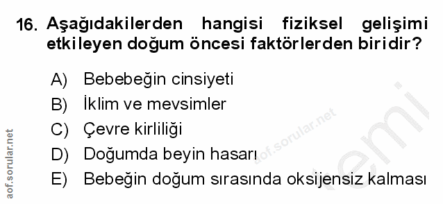 16. soru: Aşağıdakilerden hangisi fiziksel gelişimi etkileyen doğum öncesi faktörlerden biridir? A) Bebebeğin cinsiyeti B) Ikli…