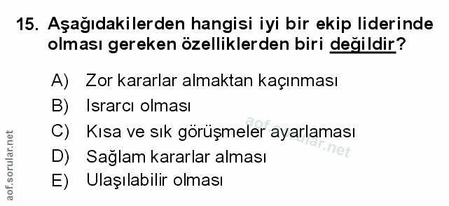 15. soru: Aşağıdakilerden hangisi iyi bir ekip liderinde olması gereken özelliklerden biri değildir? A) Zor kararlar almaktan k…