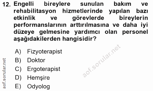 12. soru: Engelli bireylere sunulan bakım ve rehabilitasyon hizmetlerinde yapılan bazı etkinlik ve görevlerde bireylerin perfor…