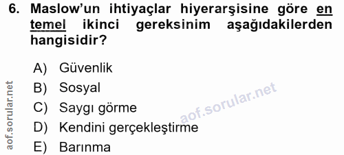 6. soru: Maslow'un ihtiyaçlar hiyerarşisine göre en temel ikinci gereksinim aşağıdakilerden hangisidir? A) Güvenlik B) Sosyal…