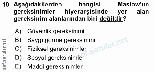 10. soru: Aşağıdakilerden hangisi Maslow'un gereksinimler hiyerarşisinde yer alan gereksinim alanlarından biri değildir? A) Güv…