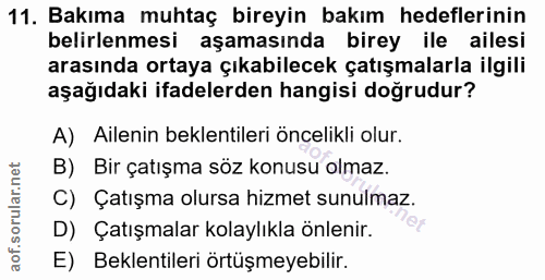 11. soru: Bakıma muhtaç bireyin bakım hedeflerinin belirlenmesi aşamasında birey ile ailesi arasında ortaya çıkabilecek çatışma…