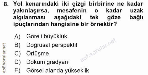 8. soru: Yol kenarındaki iki çizgi birbirine ne kadar yakınlaşırsa, mesafenin o kadar uzak algılanması aşağıdaki tek göze bağl…