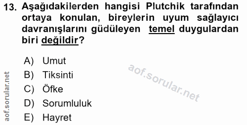 13. soru: Aşağıdakilerden hangisi Plutchik tarafından ortaya konulan, bıreylerın uyum saglayıcı davranışlarını güduleyen temel…