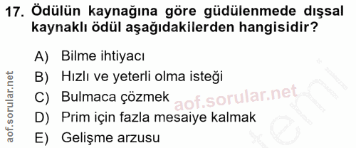 17. soru: Ödülün kaynağına göre güdülenmede dışsal kaynaklı ödül aşağıdakilerden hangisidir? A) Bilme ihtiyacı B) Hızlı ve yete…