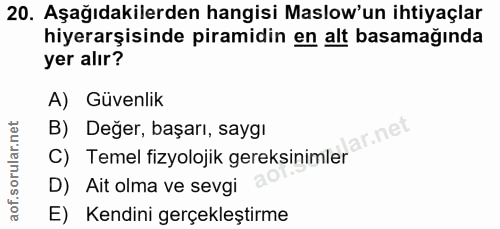20. soru: Aşağıdakilerden hangisi Maslow'un ihtiyaçlar hiyerarşisinde piramidin en alt basamağında yer alır? A) Güvenlik B) Değ…