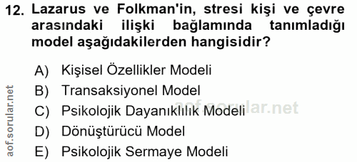 12. soru: Lazarus ve Folkman'in, stresi kişi ve çevre arasındaki ilişki bağlamında tanımladığı model aşağıdakilerden hangisidir…