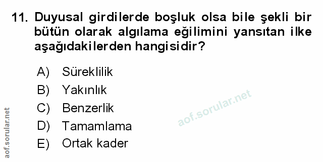 11. soru: Duyusal girdilerde boşluk olsa bile şekli bir bütün olarak algılama eğilimini yansıtan ilke aşağıdakilerden hangisidi…