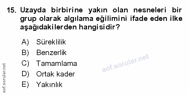 15. soru: Uzayda birbirine yakın olan nesneleri bir grup olarak algılama eğilimini ifade eden ilke aşağıdakilerden hangisidir?…