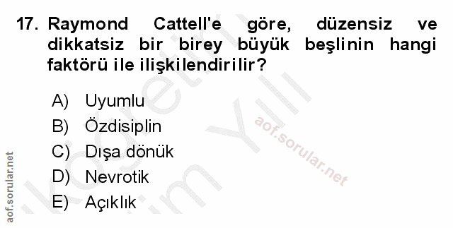 17. soru: Raymond Cattelle göre, düzensiz ve dikkatsiz bir birey büyük beşlinin hangi faktörü ile ilişkilendirilir? A) Uyumlu B…
