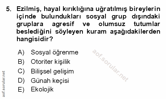 5. soru: Ezilmiş, hayal kırıklığına uğratılmış bireylerin içinde bulundukları sosyal grup dışındaki gruplara agresif ve olumsu…