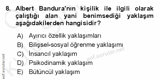8. soru: Albert Bandura'nın kişilik ile ilgili olarak çalıştığı alan yani benimsediği yaklaşım aşağıdakilerden hangisidir? A)…